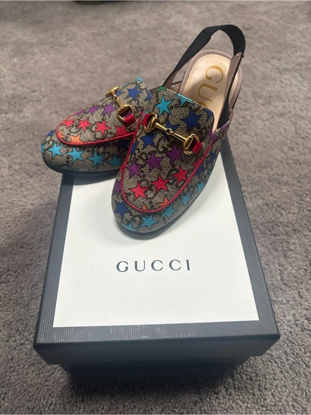 Gucci Multicolor Star Horsebit Slingback Mules - Red, Blue, Purple, Teal